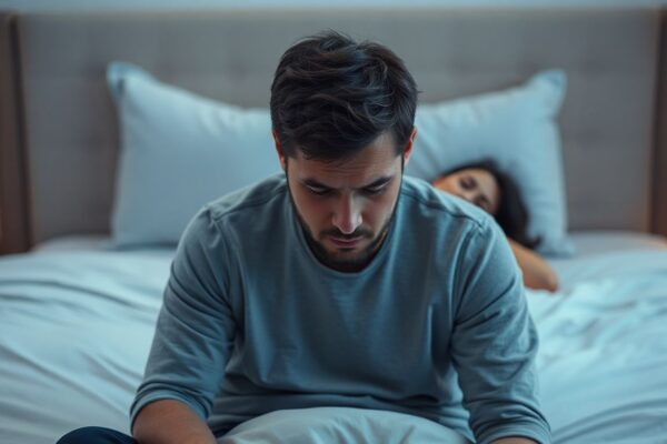 Man sitting on side of bed with his head down, woman lying down behind him upset