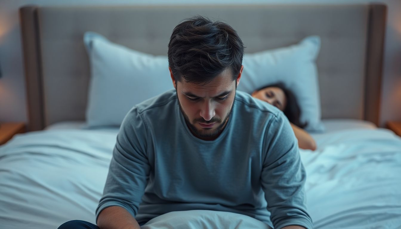 Man sitting on side of bed with his head down, woman lying down behind him upset