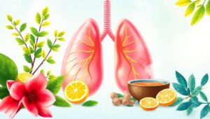 Natural remedies for lung health: Fresh eucalyptus, steaming herbal tea, citrus fruits, and glowing lungs on a light background, with text 'The Ultimate Guide to Clearing Mucus & Restoring Lung Health Naturally