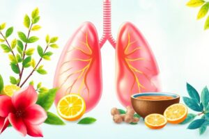Natural remedies for lung health: Fresh eucalyptus, steaming herbal tea, citrus fruits, and glowing lungs on a light background, with text 'The Ultimate Guide to Clearing Mucus & Restoring Lung Health Naturally