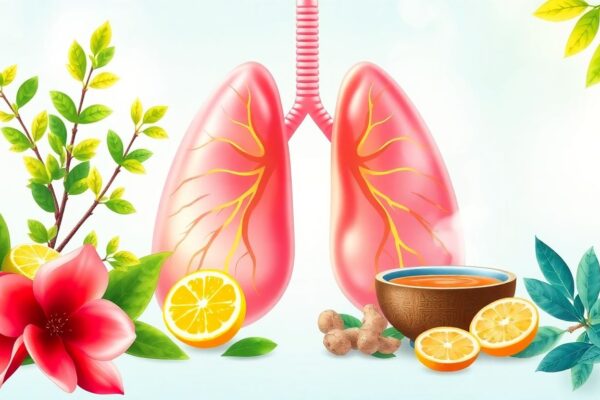 Natural remedies for lung health: Fresh eucalyptus, steaming herbal tea, citrus fruits, and glowing lungs on a light background, with text 'The Ultimate Guide to Clearing Mucus & Restoring Lung Health Naturally