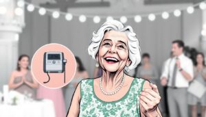 68-year-old woman smiling while dancing at wedding, with inset image of her former oxygen tank