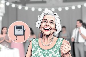 68-year-old woman smiling while dancing at wedding, with inset image of her former oxygen tank