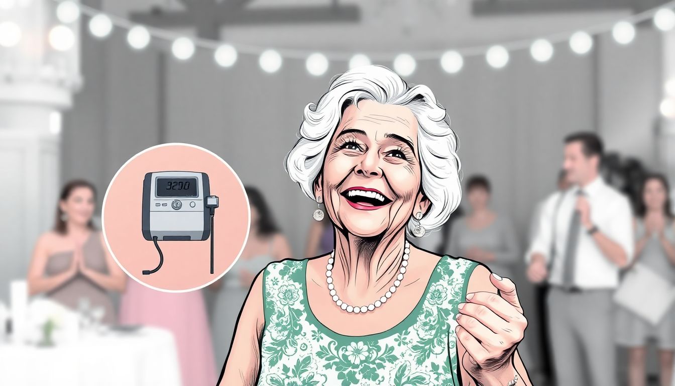68-year-old woman smiling while dancing at wedding, with inset image of her former oxygen tank