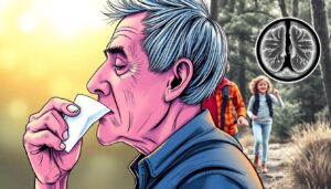 Side-by-side images: 68-year-old former smoker coughing into tissue vs. hiking with granddaughter, with inset CT scan comparisons