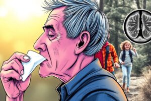 Side-by-side images: 68-year-old former smoker coughing into tissue vs. hiking with granddaughter, with inset CT scan comparisons