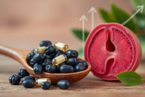 Saw palmetto berries and 320mg capsules next to a prostate cross-section showing reduced urethral pressure for BPH relief