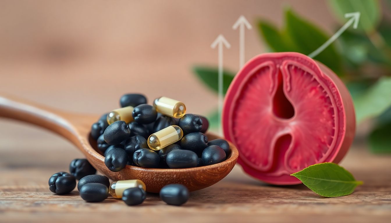 Saw palmetto berries and 320mg capsules next to a prostate cross-section showing reduced urethral pressure for BPH relief
