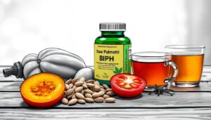 Natural remedies for BPH relief including saw palmetto capsules, pumpkin seeds, sliced tomatoes, and herbal tea arranged on a rustic wooden table