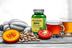 Natural remedies for BPH relief including saw palmetto capsules, pumpkin seeds, sliced tomatoes, and herbal tea arranged on a rustic wooden table