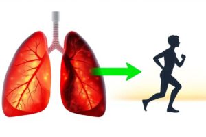 One healthy lung and one unhealthy lung and an arrow pointing to a healthy runner