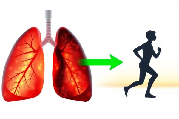 One healthy lung and one unhealthy lung and an arrow pointing to a healthy runner