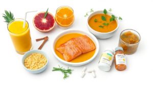 Colorful 7-day lung detox meal plan showing pineapple smoothie, turmeric soup, salmon, and supplements to clear mucus and repair airways