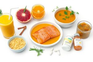 Colorful 7-day lung detox meal plan showing pineapple smoothie, turmeric soup, salmon, and supplements to clear mucus and repair airways