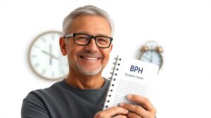 Smiling middle-aged man holding BPH Symptom Tracker notebook, with blurred alarm clock and bathroom in background representing nighttime urination relief