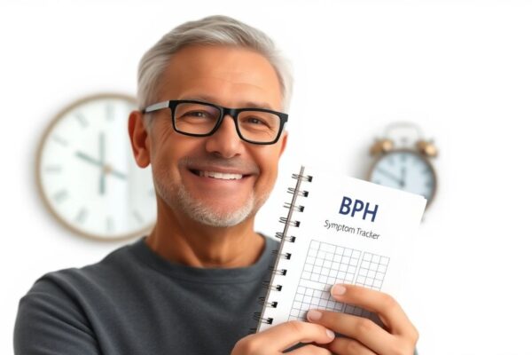 How to Deal with an Enlarged Prostate (BPH): Symptoms, Treatments & Lifestyle Tips Smiling middle-aged man holding BPH Symptom Tracker notebook, with blurred alarm clock and bathroom in background representing nighttime urination relief