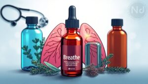 Breathe lung supplement drops with herbs (mullein, oregano, thyme) compared to competitors PureHealth and Lignosus, featuring lung health infographics and medical icons