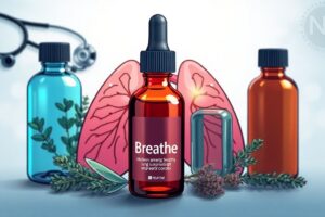 Breathe lung supplement drops with herbs (mullein, oregano, thyme) compared to competitors PureHealth and Lignosus, featuring lung health infographics and medical icons