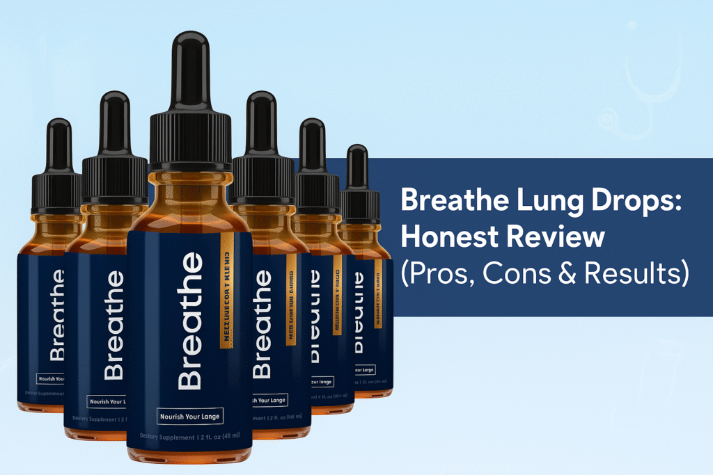 Breathe Lung Drops bottles with product label, featured for an honest review of pros, cons, and results