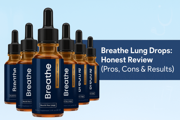Breathe Lung Drops bottles with product label, featured for an honest review of pros, cons, and results