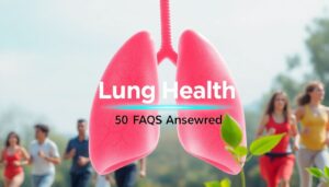 Illustration of healthy lungs with breath symbols and green leaves, titled 'Lung Health: 50 FAQs Answered'