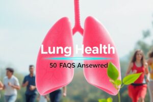 Illustration of healthy lungs with breath symbols and green leaves, titled 'Lung Health: 50 FAQs Answered'