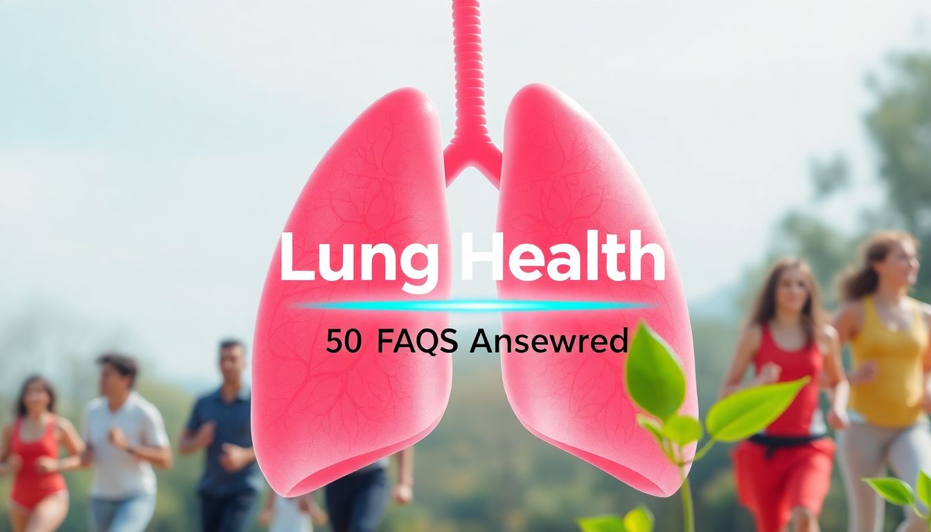 Illustration of healthy lungs with breath symbols and green leaves, titled 'Lung Health: 50 FAQs Answered'