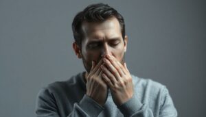 man coughing and clearing throat