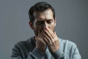man coughing and clearing throat