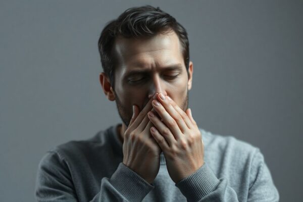 “Why Am I Always Clearing My Throat? (Not Allergies)” man coughing and clearing throat