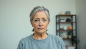 Woman in her 40s or 50s looking distressed, representing the emotional and physical challenges of menopause. Her expression conveys frustration, fatigue, or isolation—common feelings during this transition."