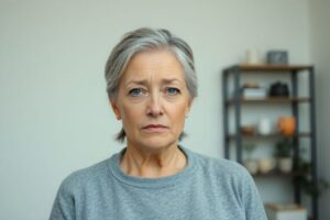 Woman in her 40s or 50s looking distressed, representing the emotional and physical challenges of menopause. Her expression conveys frustration, fatigue, or isolation—common feelings during this transition."