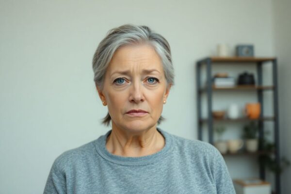 Woman in her 40s or 50s looking distressed, representing the emotional and physical challenges of menopause. Her expression conveys frustration, fatigue, or isolation—common feelings during this transition."