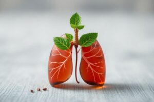 Mullein leaf tea and tincture with lungs illustration, showing herbal benefits for cough and congestion relief
