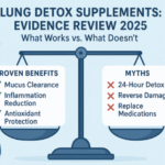 Lung detox supplements review showing evidence scale with checkmarks for proven benefits and X-marks for myths, with supplement bottles and medical icons.