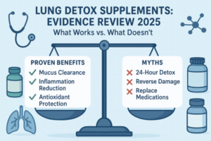 Lung detox supplements review showing evidence scale with checkmarks for proven benefits and X-marks for myths, with supplement bottles and medical icons.