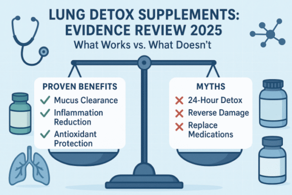 Lung detox supplements review showing evidence scale with checkmarks for proven benefits and X-marks for myths, with supplement bottles and medical icons.