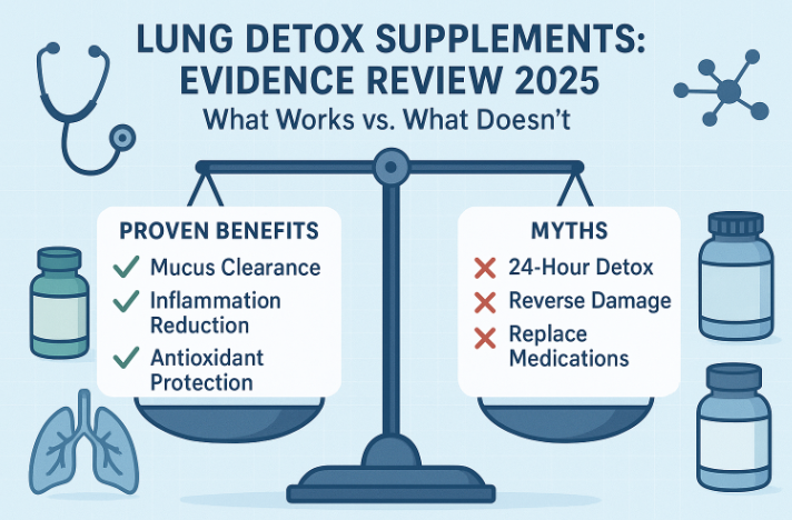 Lung detox supplements review showing evidence scale with checkmarks for proven benefits and X-marks for myths, with supplement bottles and medical icons.