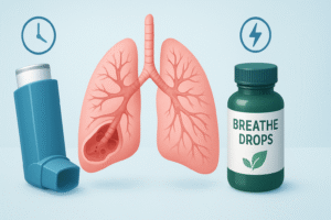 Comparison of asthma inhaler versus lung supplement bottle with lung diagram, showing emergency relief versus long-term respiratory support