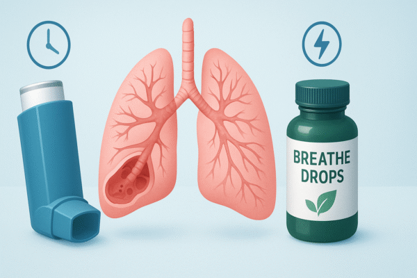 Comparison of asthma inhaler versus lung supplement bottle with lung diagram, showing emergency relief versus long-term respiratory support