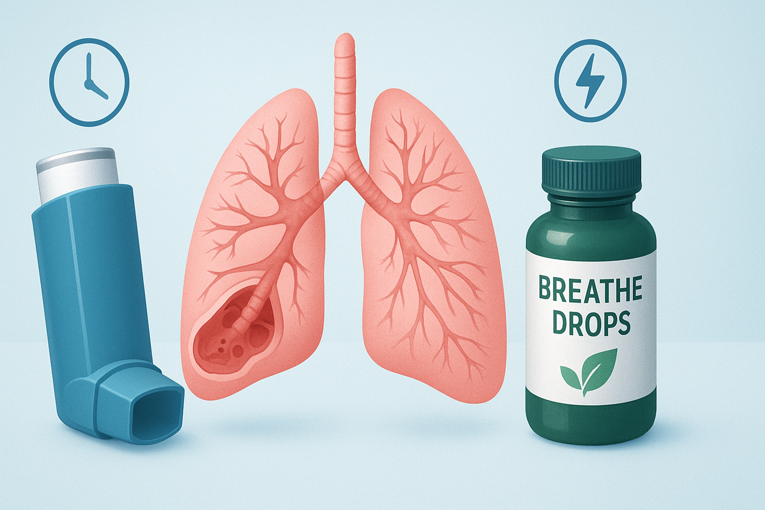 Comparison of asthma inhaler versus lung supplement bottle with lung diagram, showing emergency relief versus long-term respiratory support