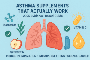Asthma supplement guide showing evidence-based ingredients like magnesium, vitamin D, and omega-3s with lung diagram and anti-inflammatory benefits visualization