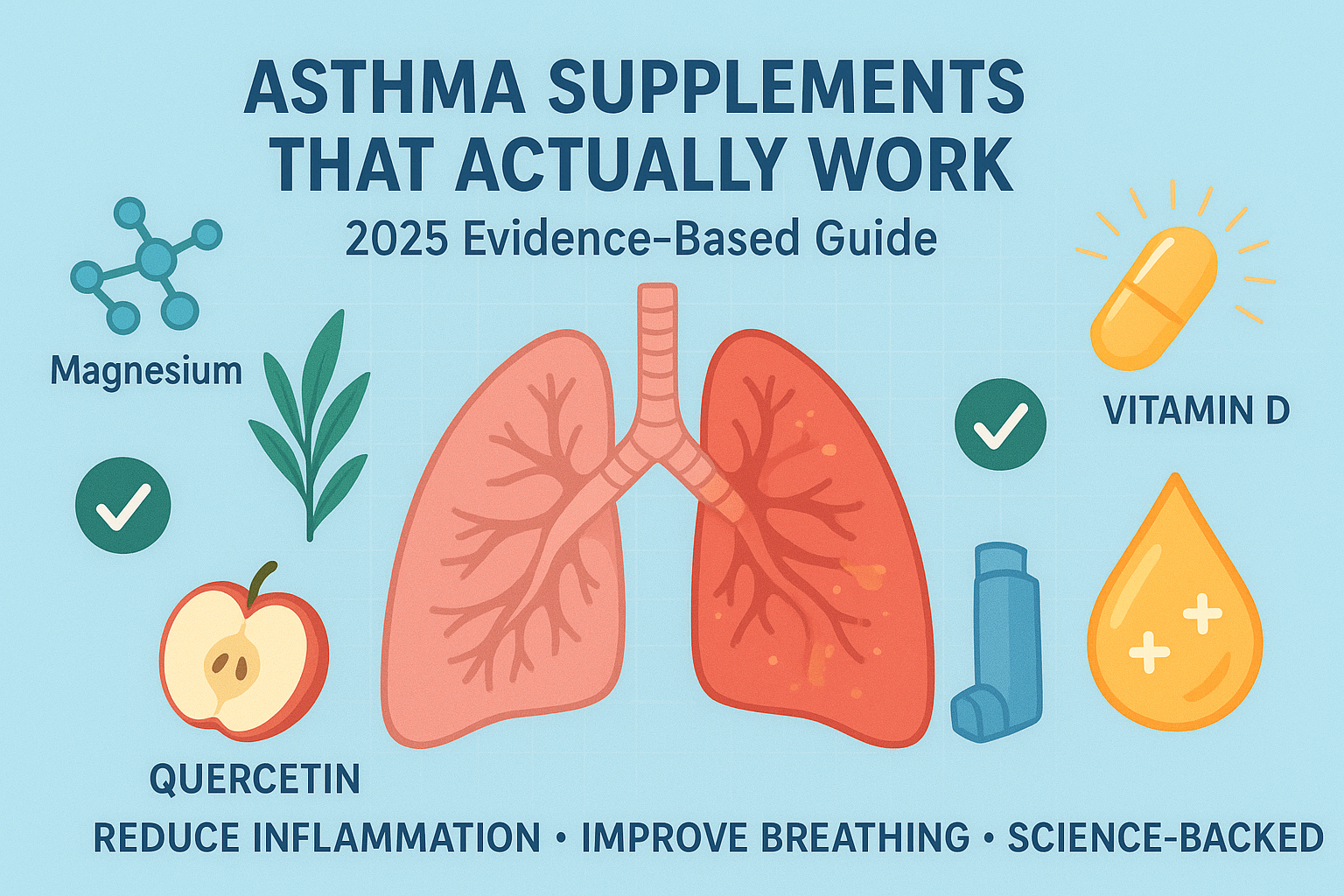 Asthma supplement guide showing evidence-based ingredients like magnesium, vitamin D, and omega-3s with lung diagram and anti-inflammatory benefits visualization