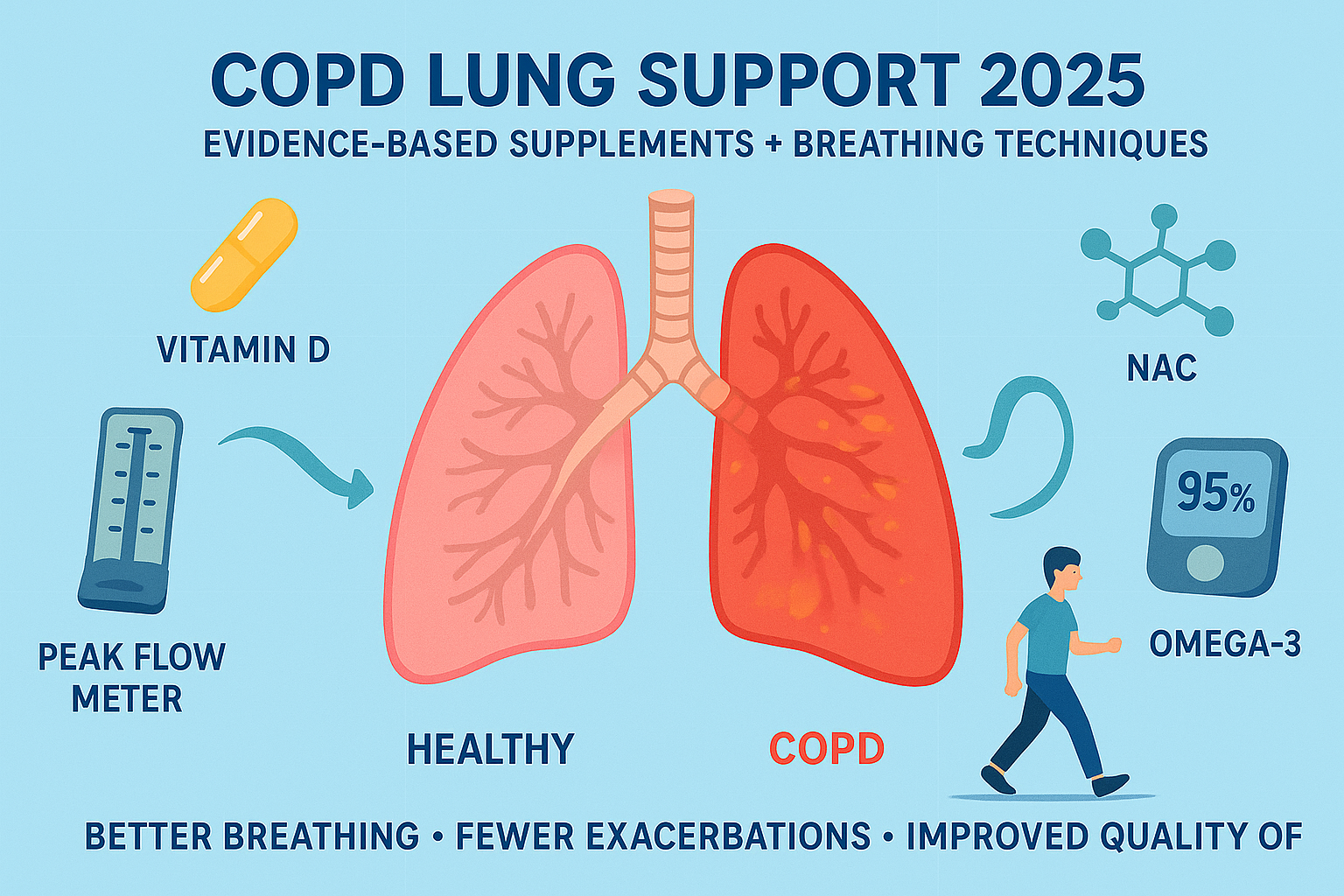 COPD lung support infographic showing comparison between healthy and COPD-affected lungs, with evidence-based supplements like NAC and vitamin D, plus breathing technique demonstrations for better respiratory management.