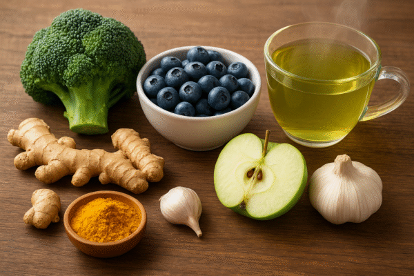 A collection of foods for lung health including broccoli, berries, turmeric, ginger, garlic, apple, and green tea.