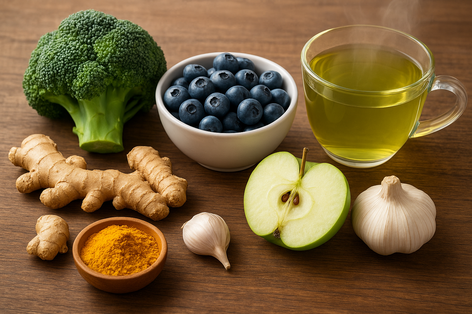 A collection of foods for lung health including broccoli, berries, turmeric, ginger, garlic, apple, and green tea.