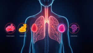 Medical illustration showing 5 conditions often misdiagnosed as asthma: vocal cord dysfunction, GERD, cardiac issues, COPD, and anxiety-induced breathing