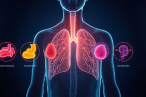 Medical illustration showing 5 conditions often misdiagnosed as asthma: vocal cord dysfunction, GERD, cardiac issues, COPD, and anxiety-induced breathing
