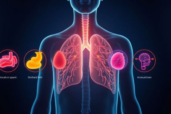 Is It Asthma or Something Else? 5 Conditions Often Misdiagnosed Medical illustration showing 5 conditions often misdiagnosed as asthma: vocal cord dysfunction, GERD, cardiac issues, COPD, and anxiety-induced breathing