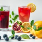 Colorful glasses of beet juice, hibiscus tea, lemon water, and pomegranate juice representing the best drinks to lower blood pressure naturally.